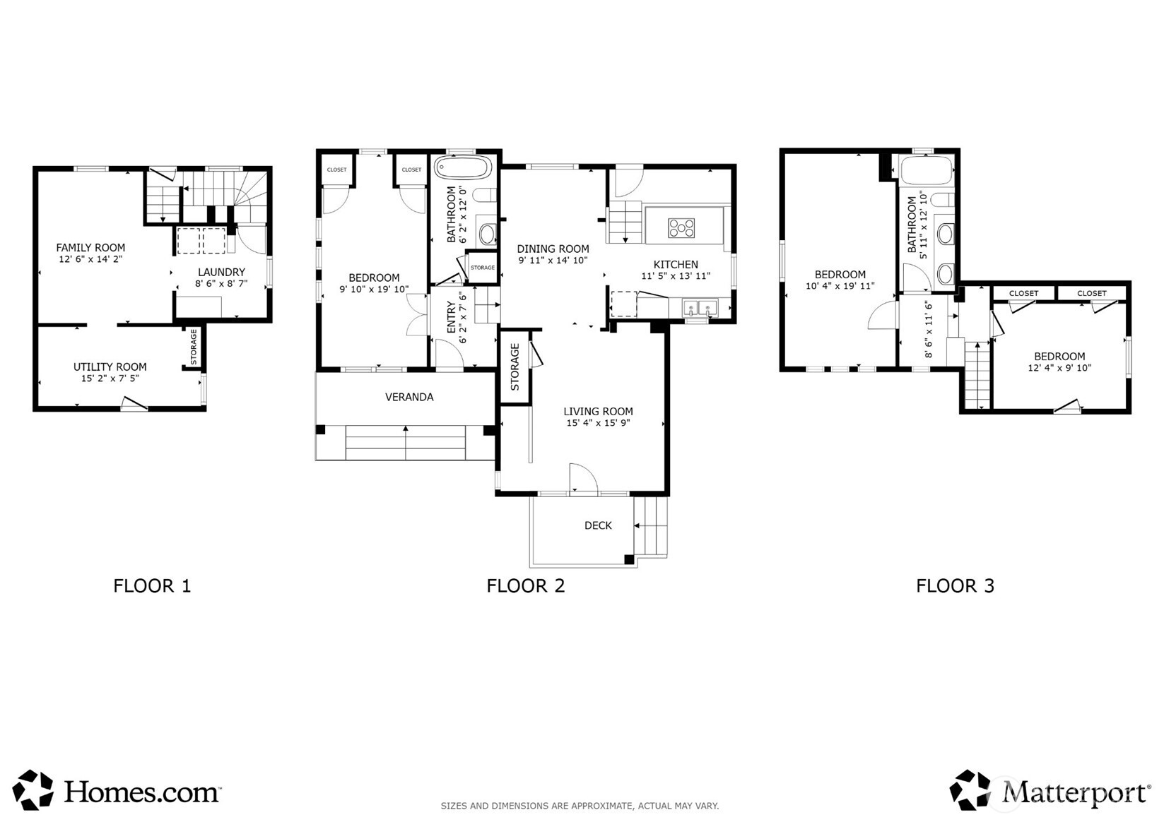 Three-floor house plan with labeled rooms, dimensions, stairs, veranda, and deck.