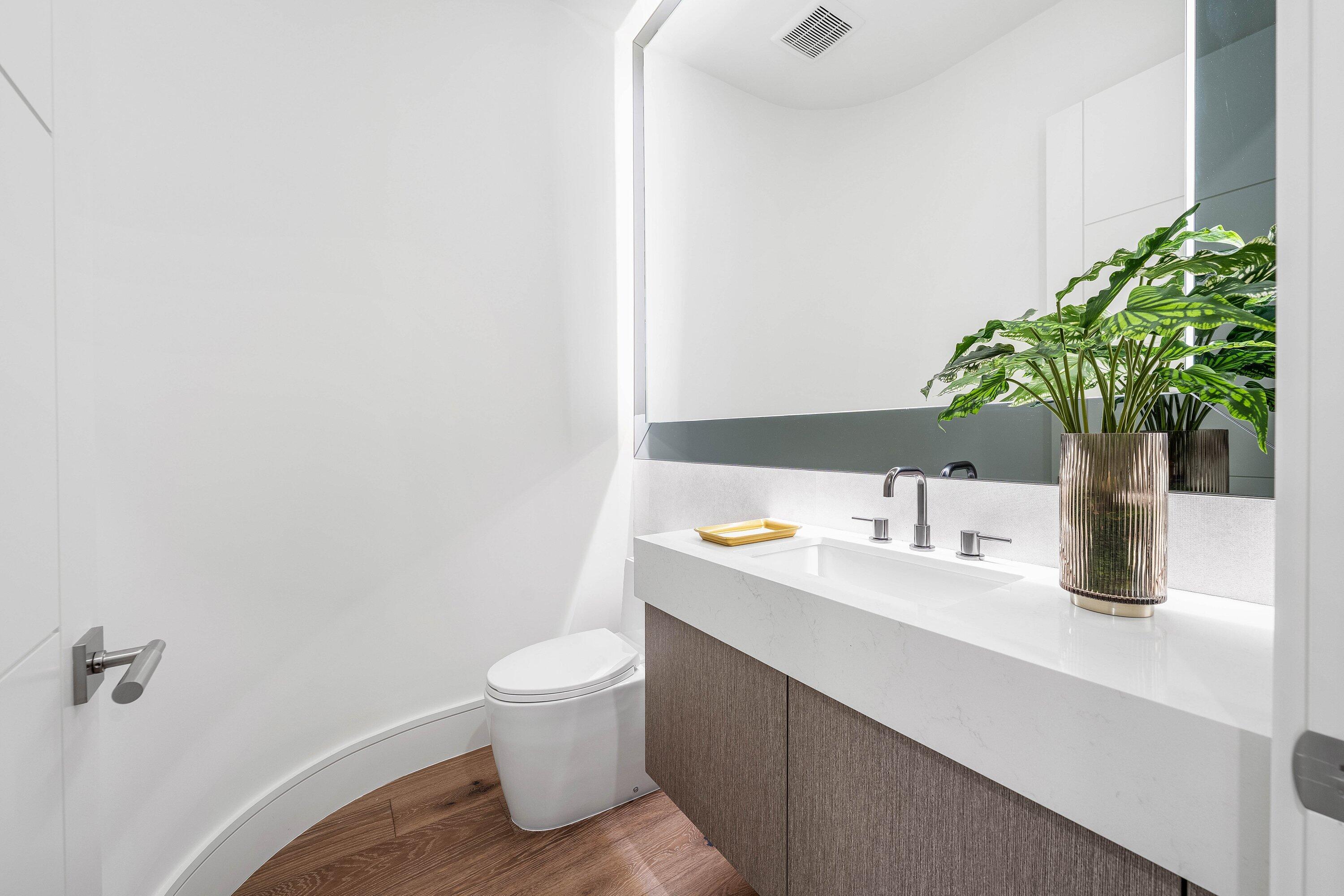 Modern bathroom with a floating wood vanity, broad mirror, and leafy plant beside the sink.