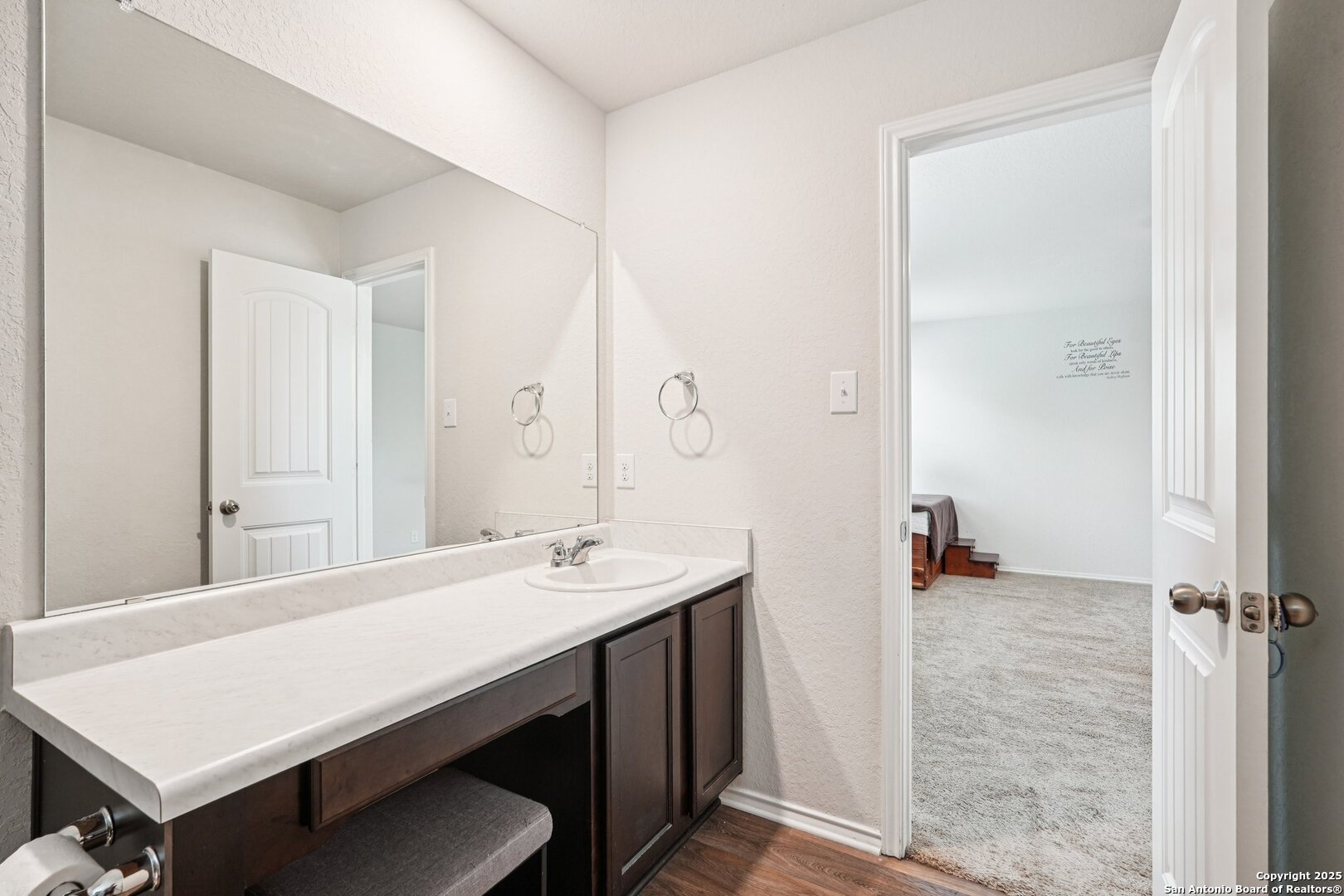 Bathroom vanity with a large mirror and dark cabinets, opening onto a carpeted bedroom.
