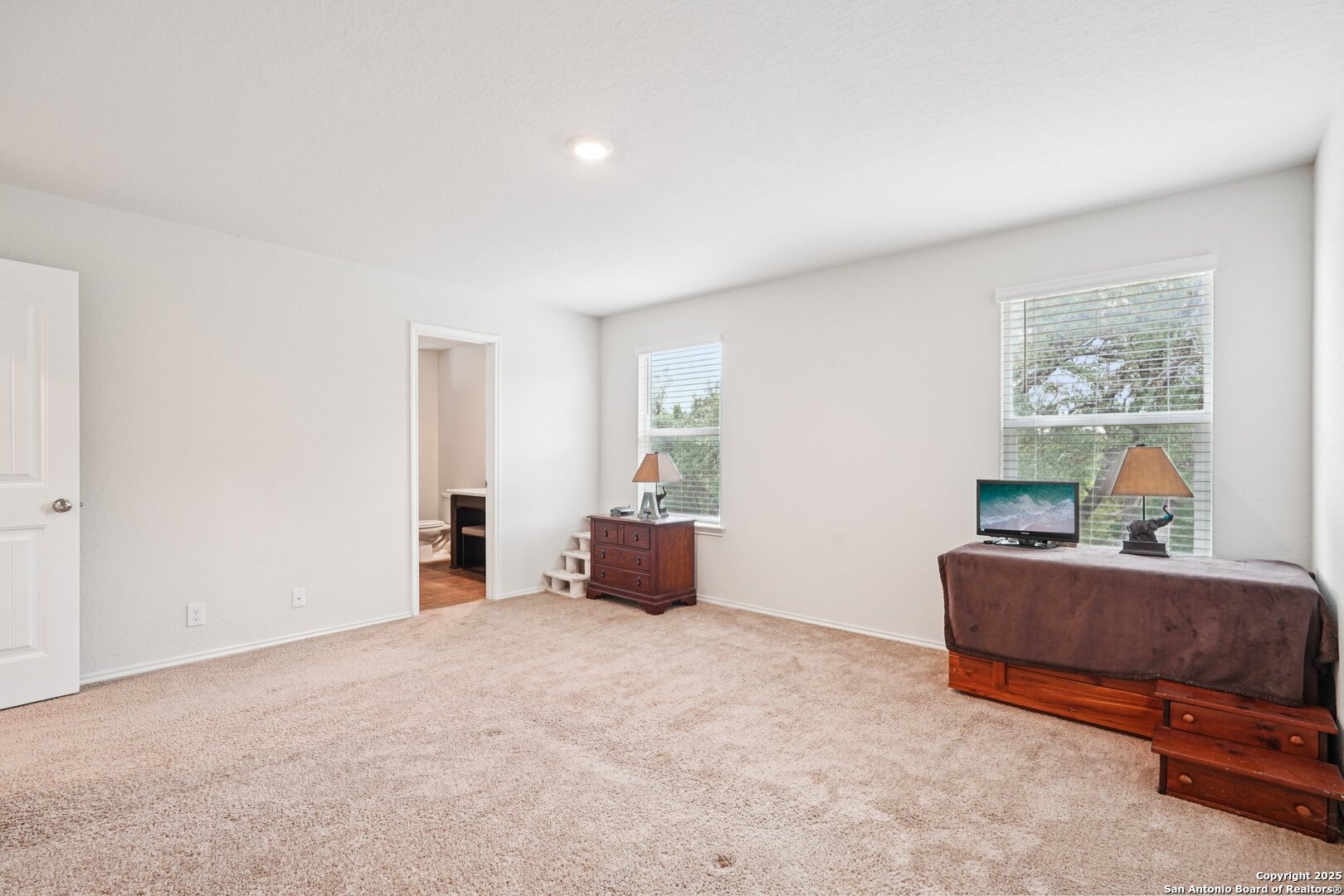 Carpeted bedroom with a wooden bed, dresser, television, and two windows with blinds.