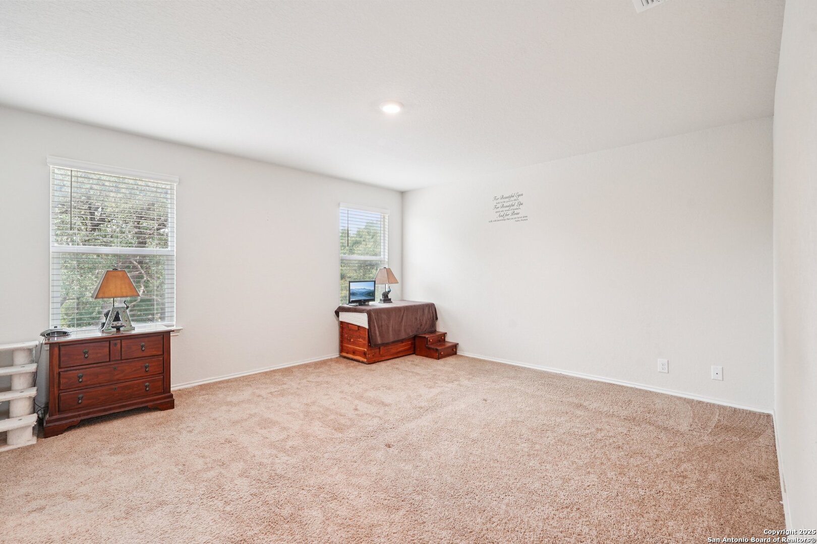 Carpeted bedroom with two windows, white blinds, and a wooden chest and bed.