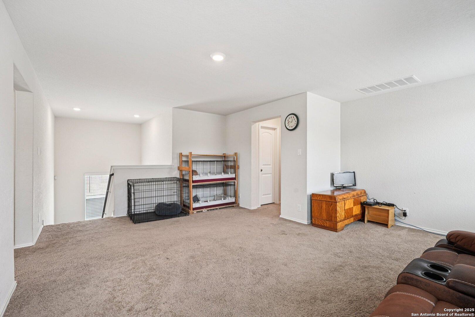 Carpeted upstairs living area with a brown sectional, wooden cabinet, and pet cages.