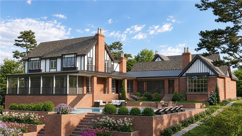 Brick-and-timber house with a covered porch, landscaped terraces, and a swimming pool.