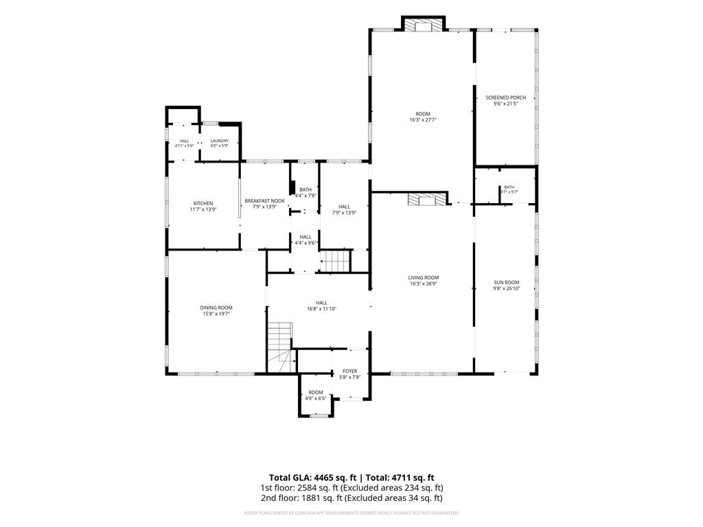 Floor plan showing the home’s room layout, including a sun room, screened porch, and room dimensions.