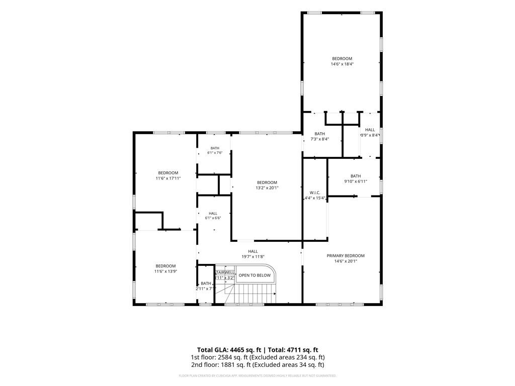 Floor plan showing five bedrooms, bathrooms, halls, a walk-in closet, and stairwell across two floors.