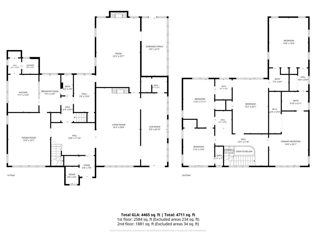 Two-story floor plan showing labeled rooms, including a screened porch, sunroom, and primary bedroom.