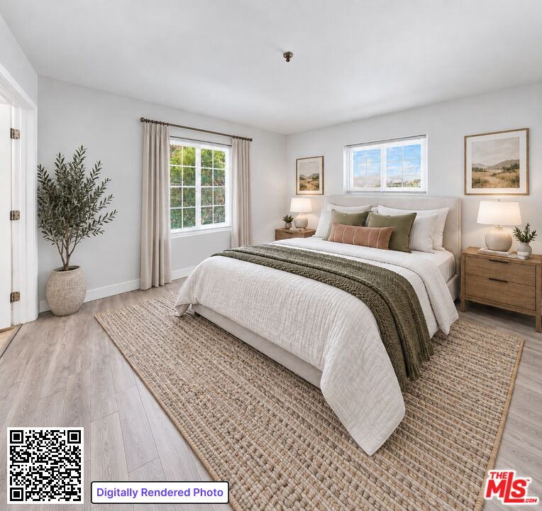 Digitally staged bedroom with neutral bedding, wooden nightstands, two windows, and a woven rug.
