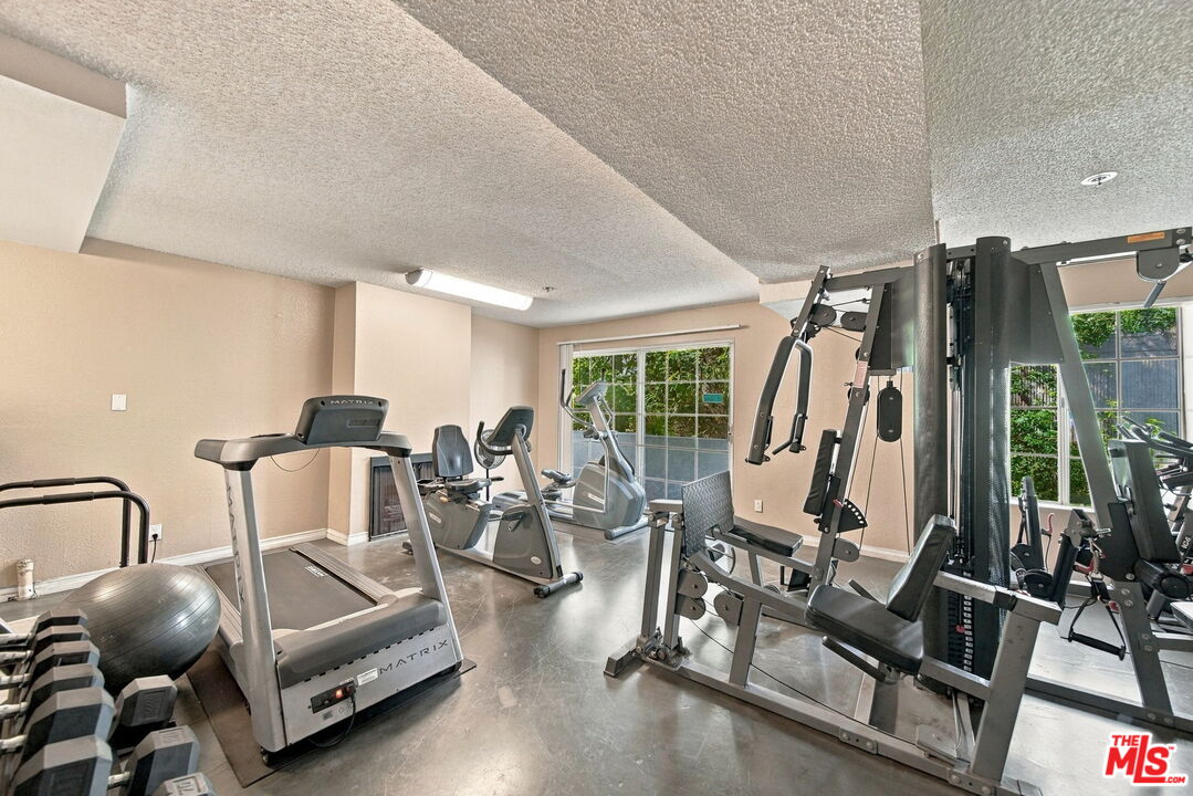 Condominium gym with treadmills, weight machines, dumbbells, and windows overlooking greenery.