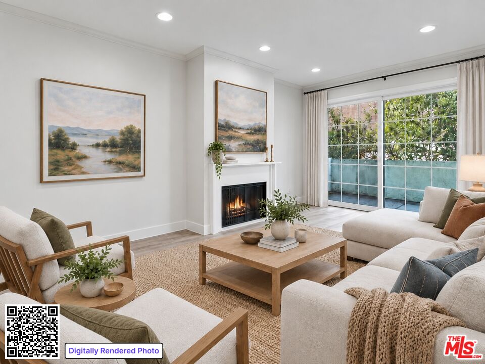 Digitally rendered living room with a fireplace, sliding glass doors, and neutral seating.