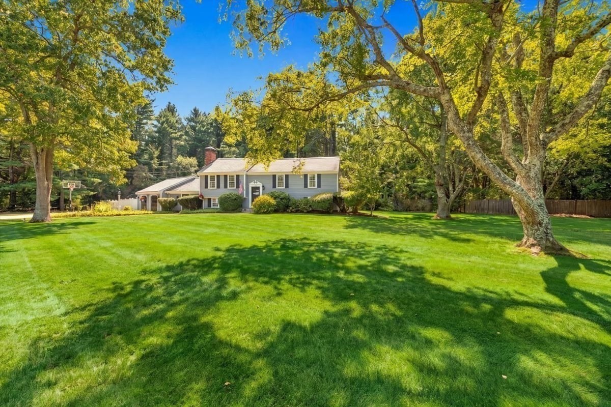 Gray split-level home beyond a broad lawn, framed by mature trees with yellow autumn leaves.