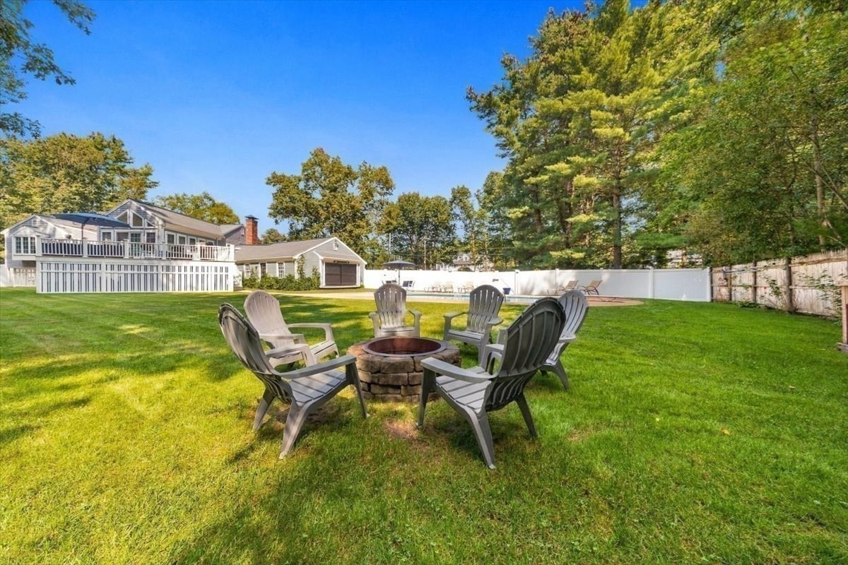 Fenced backyard with a swimming pool and stone fire pit seating on a broad lawn.