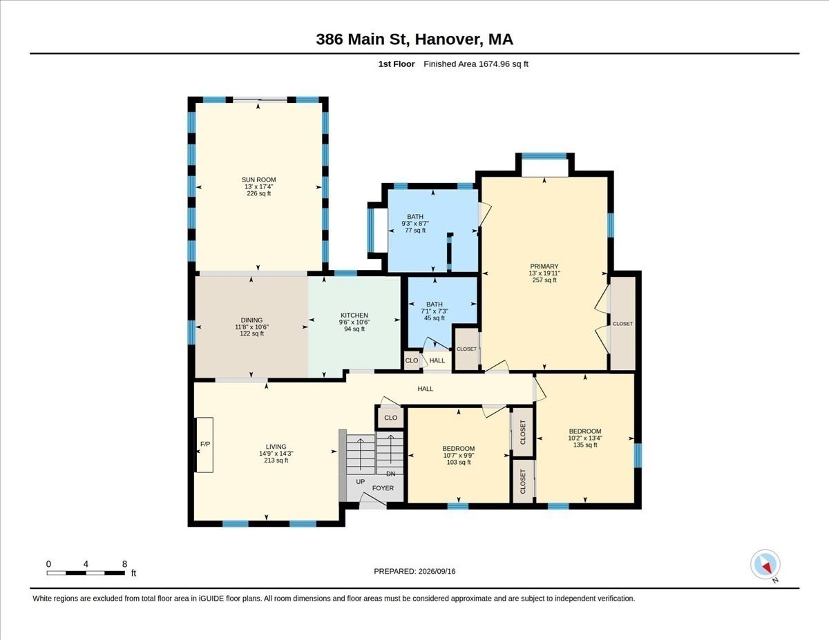 First-floor plan of 386 Main Street with labeled rooms, dimensions, and a 1,674.96-square-foot finished area.