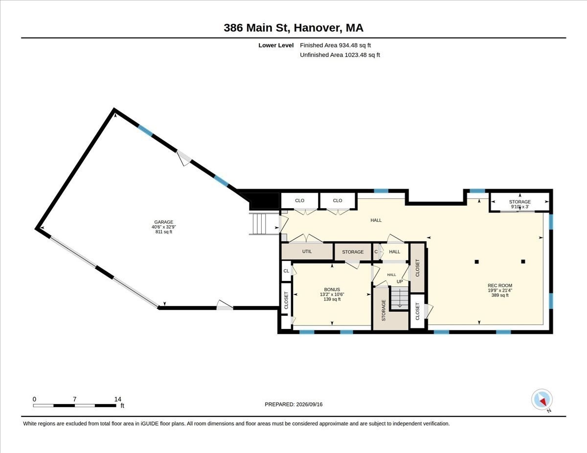 Lower-level floor plan with a large garage, recreation room, bonus room, and storage areas.