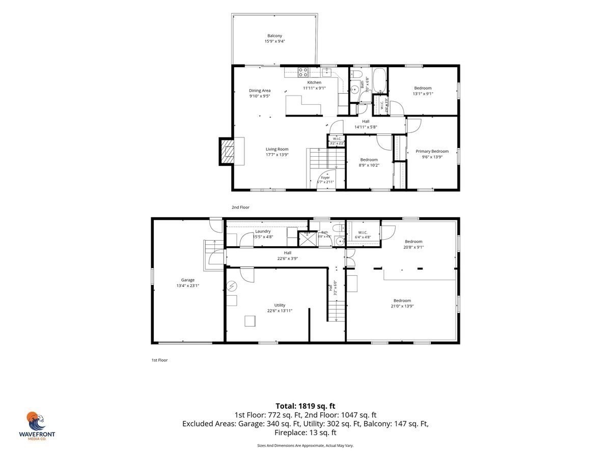 Two-level floor plan showing room layouts and a total area of 1,819 square feet.