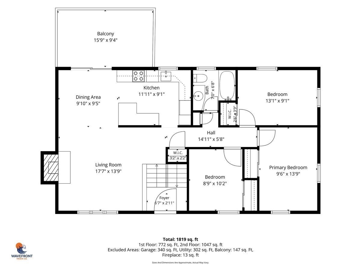 Floor plan showing the home’s rooms, balcony, approximate dimensions, and total area of 1,819 square feet.