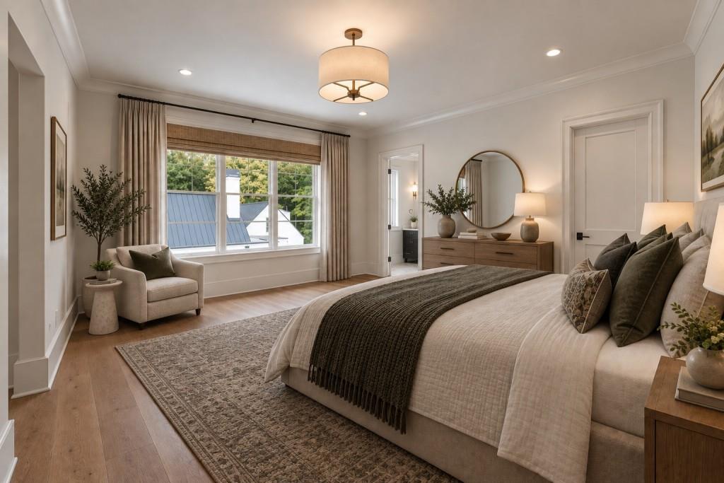 Furnished bedroom with a large bed, window-side chair, and dresser beneath a round mirror.