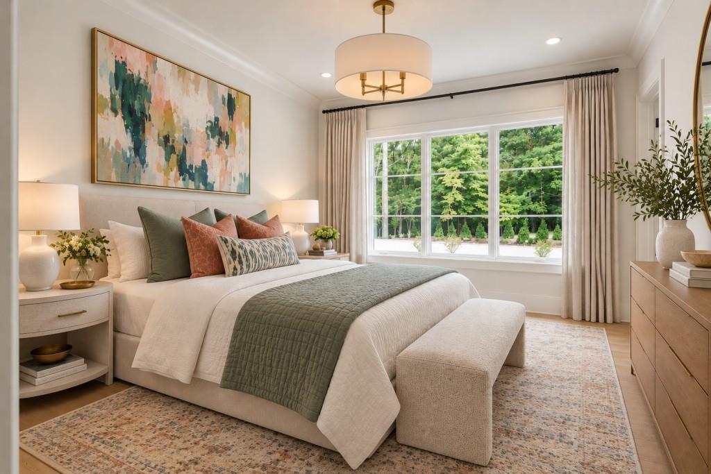 Staged bedroom with a king bed and cushioned bench beside a large window overlooking trees.