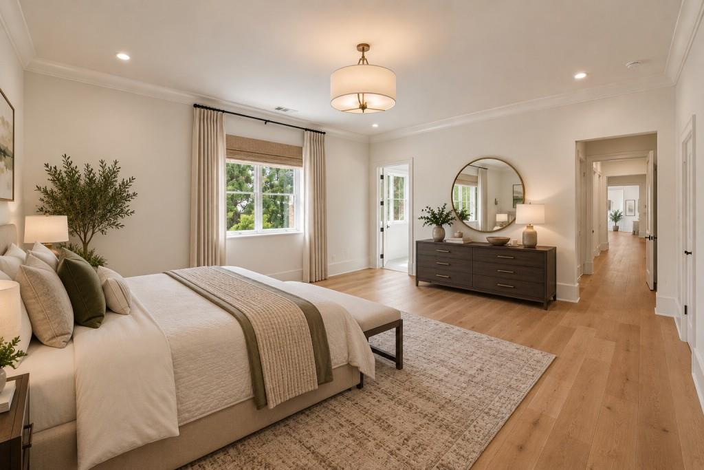 Staged bedroom with a large neutral bed, tall curtained window, and dark dresser beneath a round mirror.