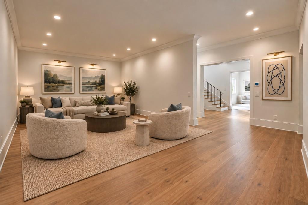 Living room with cream seating on a large rug, hardwood floors, and an open view toward the staircase.