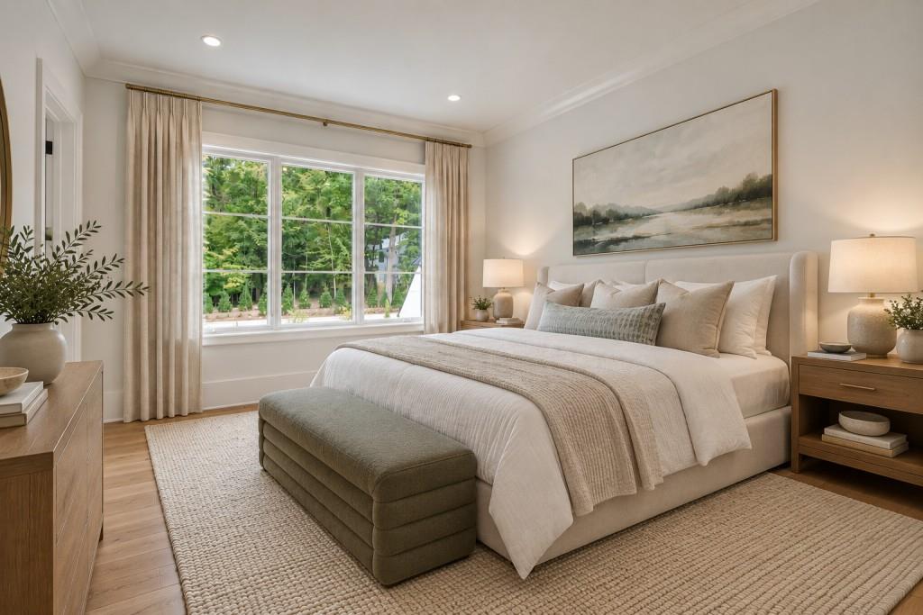 Staged bedroom with a neutral king bed, upholstered bench, and large window overlooking leafy trees.