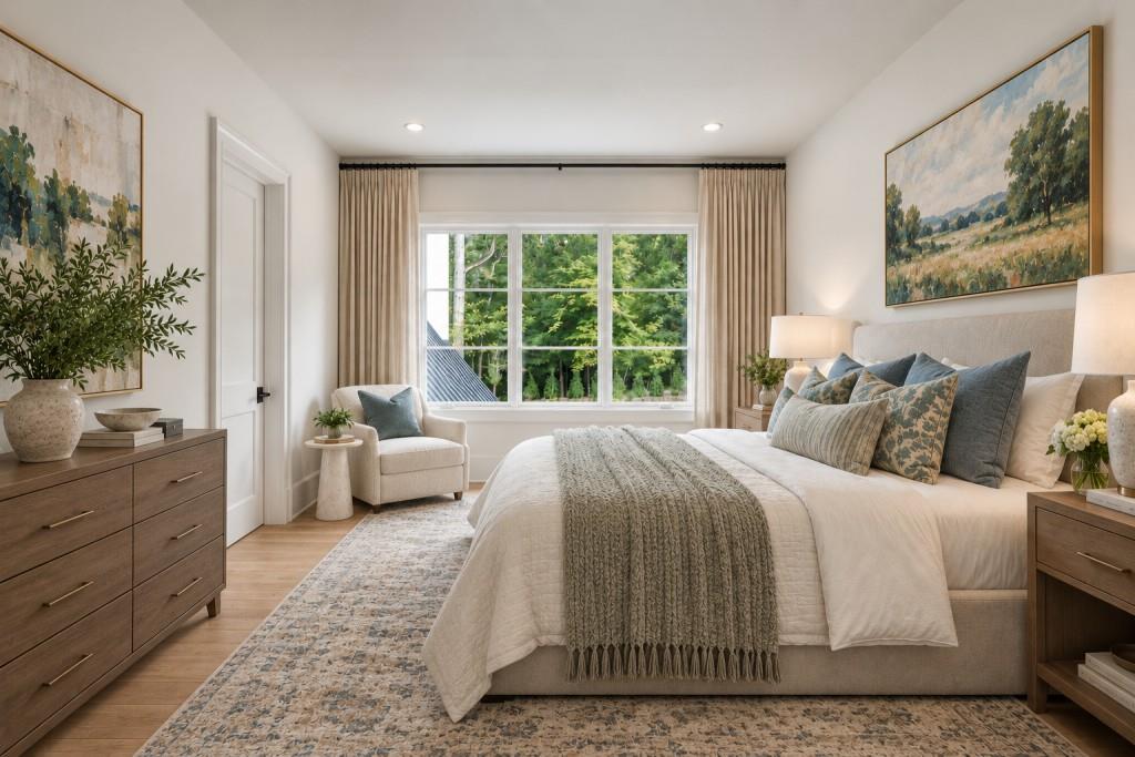 Bedroom with a large bed, neutral bedding, wood dressers, and a wide window overlooking trees.