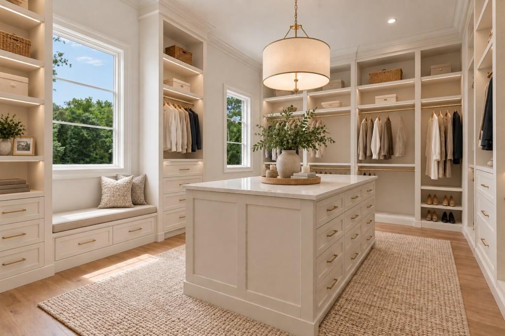 Walk-in closet with white built-ins, a central island, and a cushioned window seat.