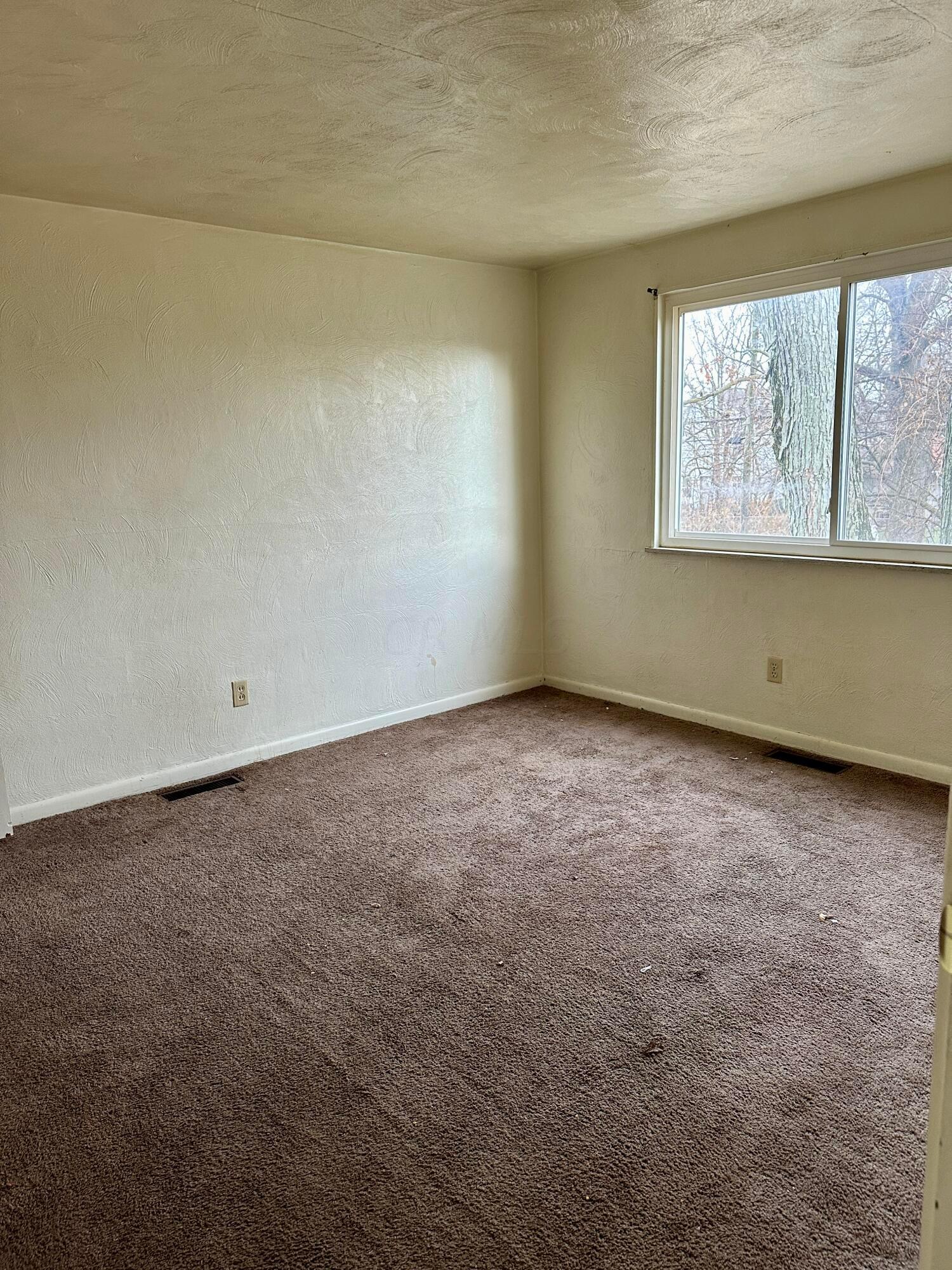 Empty bedroom with brown carpet and a wide window overlooking leafless trees.