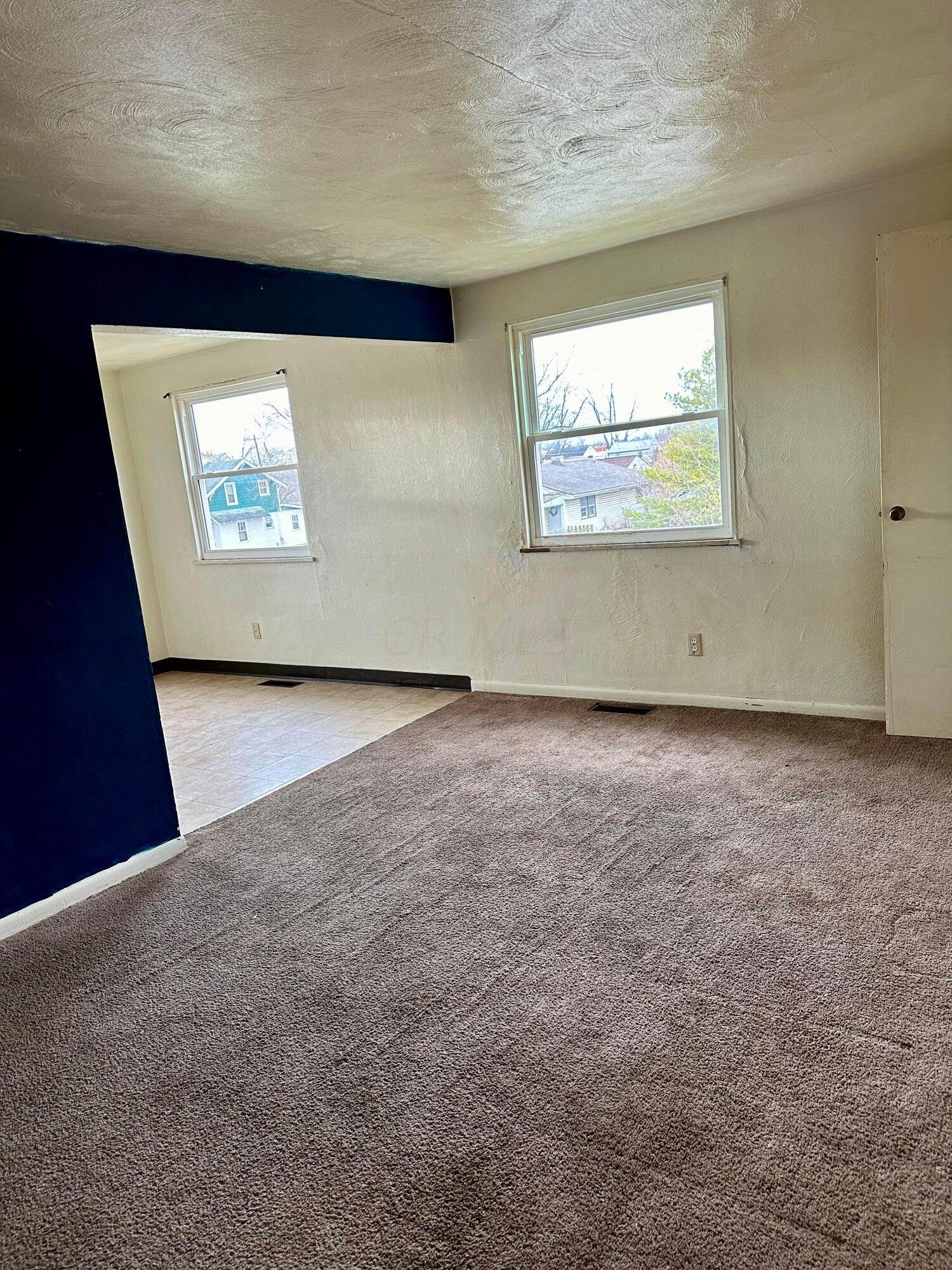 Vacant living room with brown carpet, a tiled floor section, navy accent wall, and two windows.