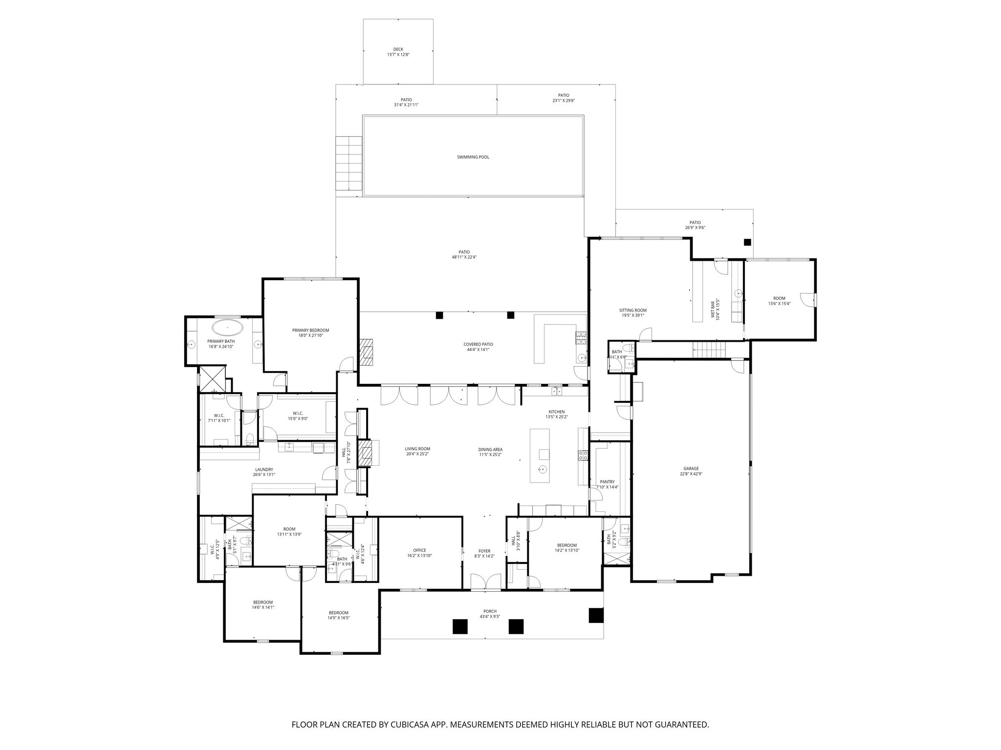 Floor plan showing labeled rooms, a large garage, swimming pool, deck, and several patios.