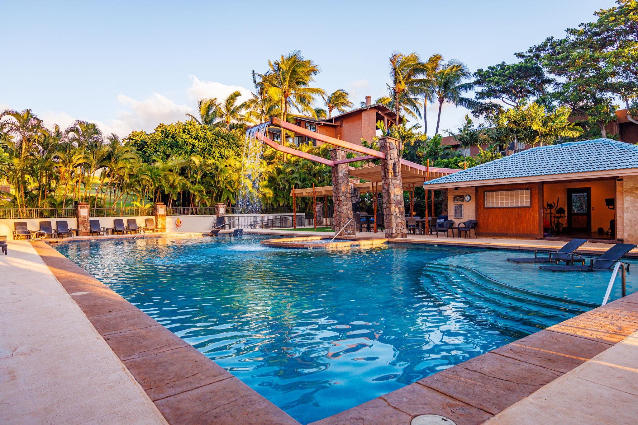 Resort pool with a cascading waterfall, palm trees, and covered pavilion.
