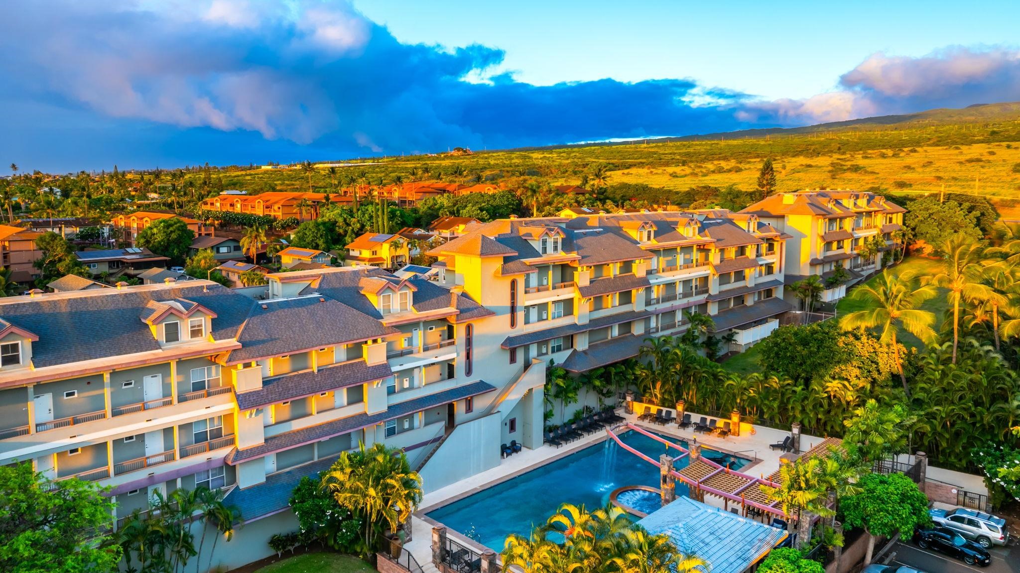 Tropical condominium complex and swimming pool among palm trees, with a sunlit hillside behind it.