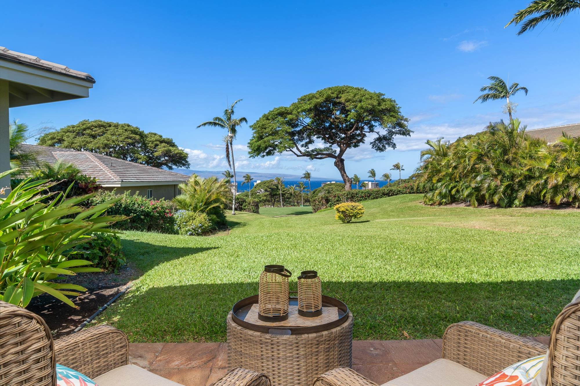 Wicker patio seating overlooks a tropical lawn and ocean view.