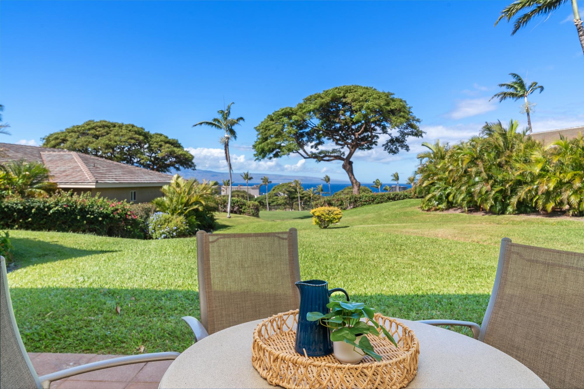 Furnished patio overlooking a tropical lawn and ocean, with a round table and woven tray in the foreground.