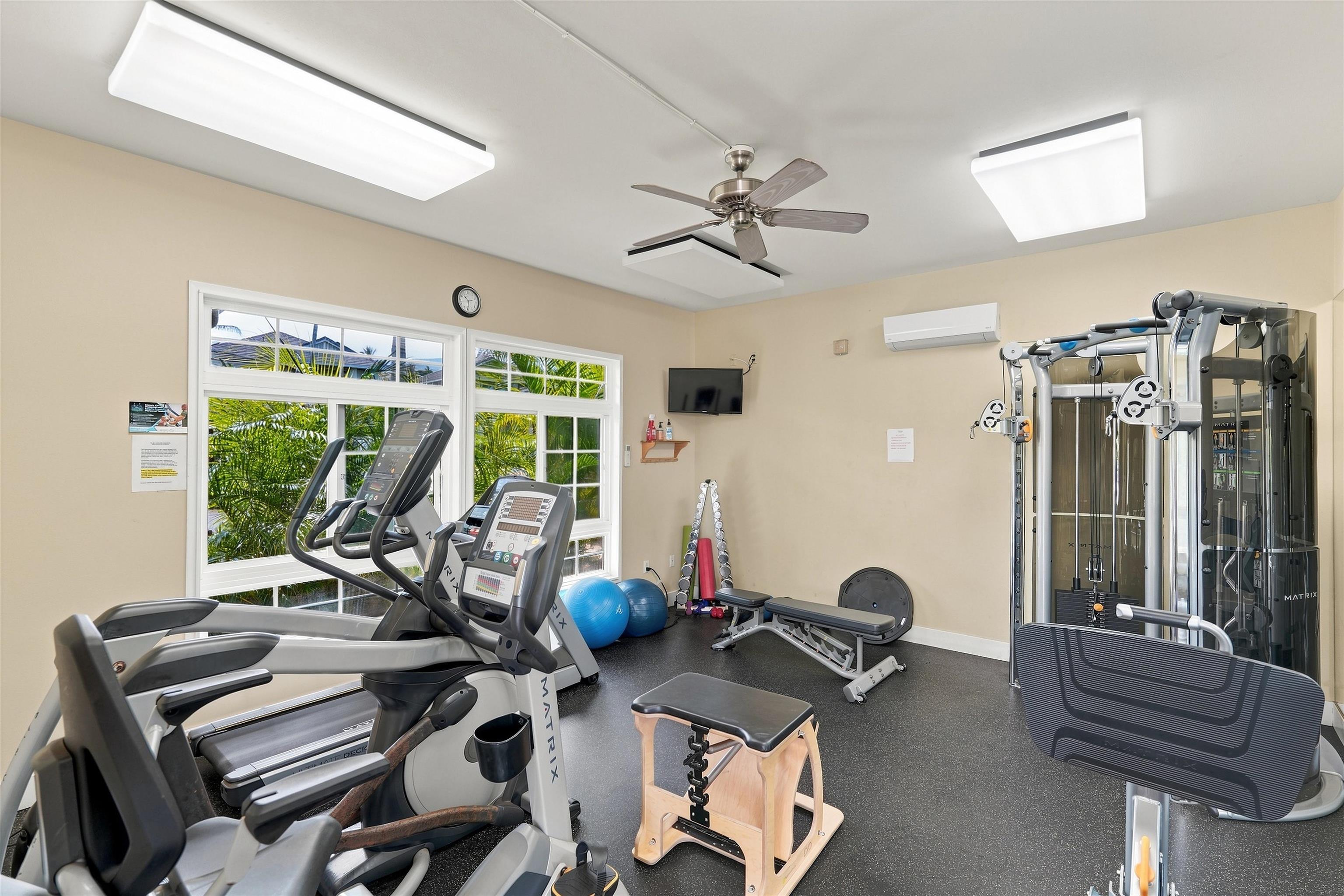 Fitness room with treadmills, weight machines, and exercise balls beside windows overlooking tropical greenery.