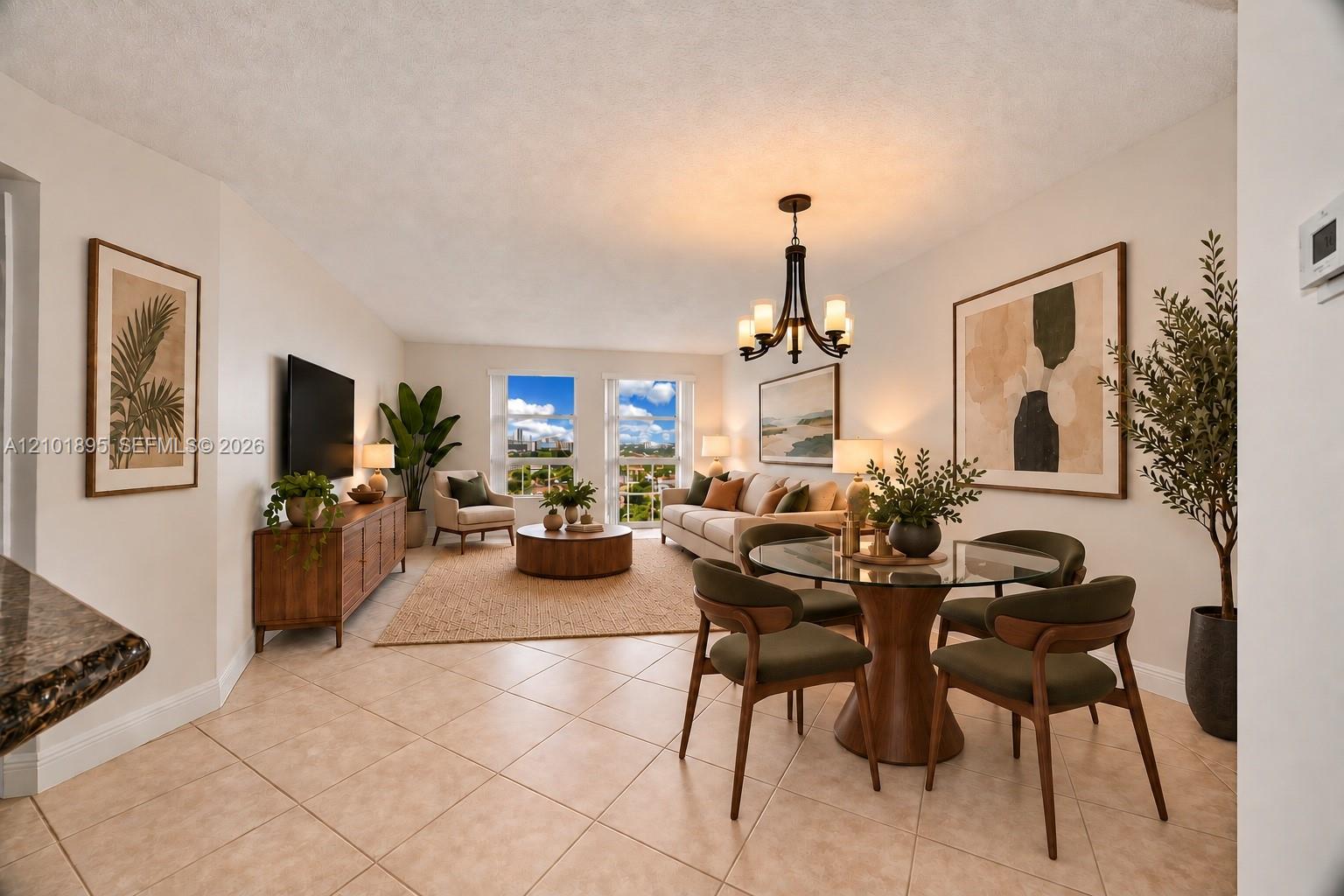 Living and dining room with a beige sofa, round wood table, and windows overlooking nearby buildings.
