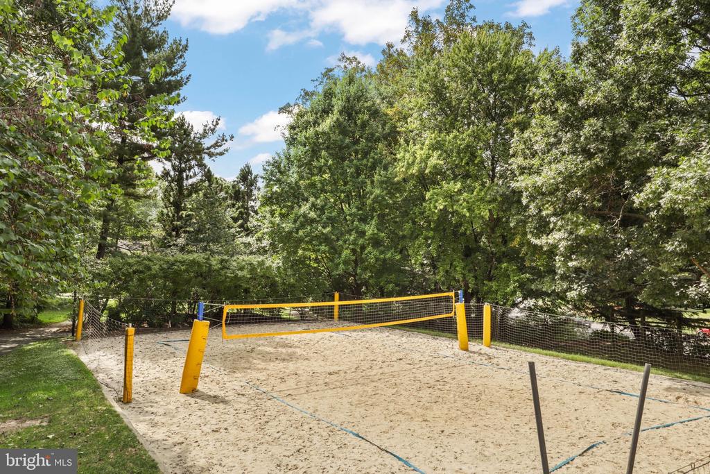 Sand volleyball court with a yellow net, surrounded by mature trees.