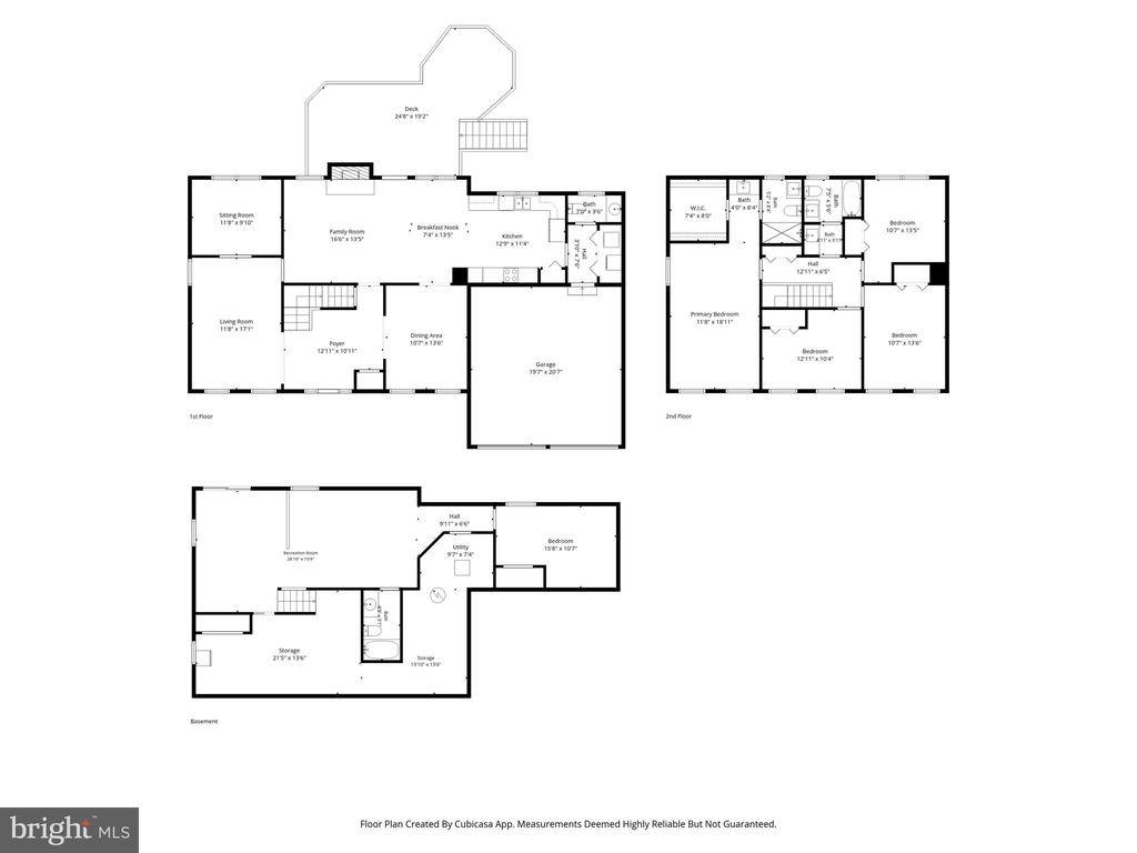 Three-level floor plan with a deck, garage, bedrooms, recreation room, and storage.