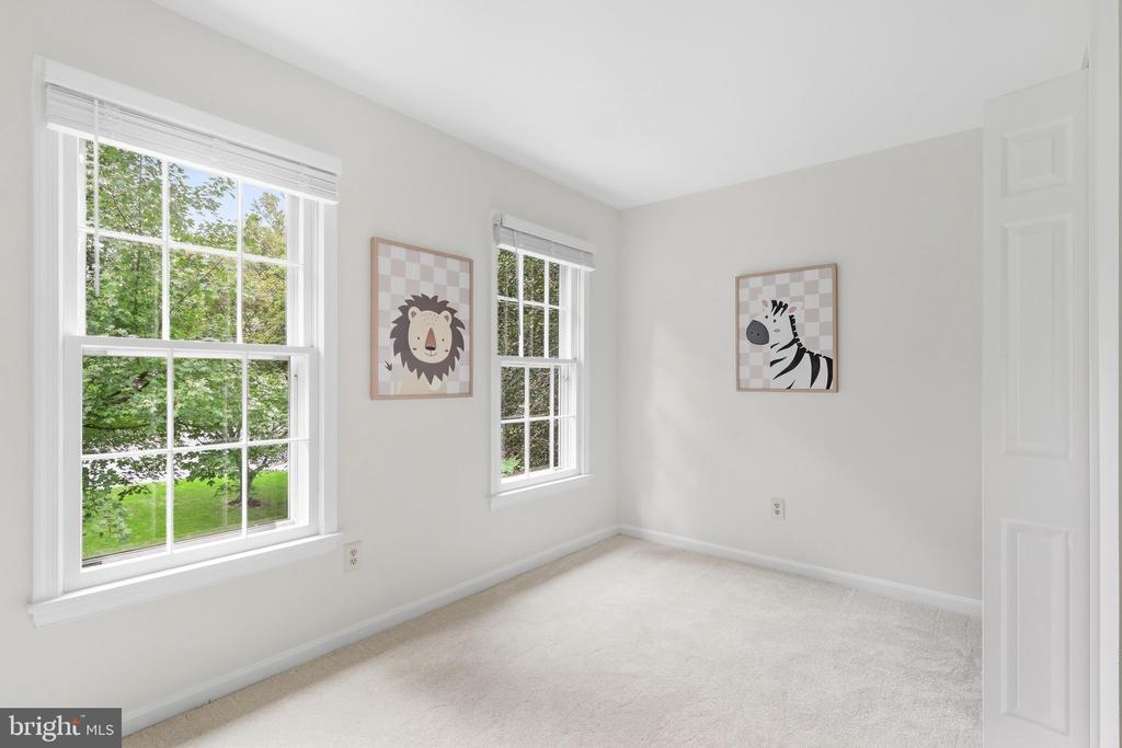 Empty bedroom with light carpet, two large windows, and framed animal prints.