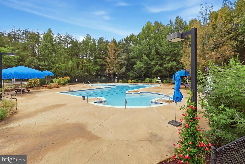 Outdoor swimming pool with a shallow section, blue umbrellas, and a wooded backdrop.