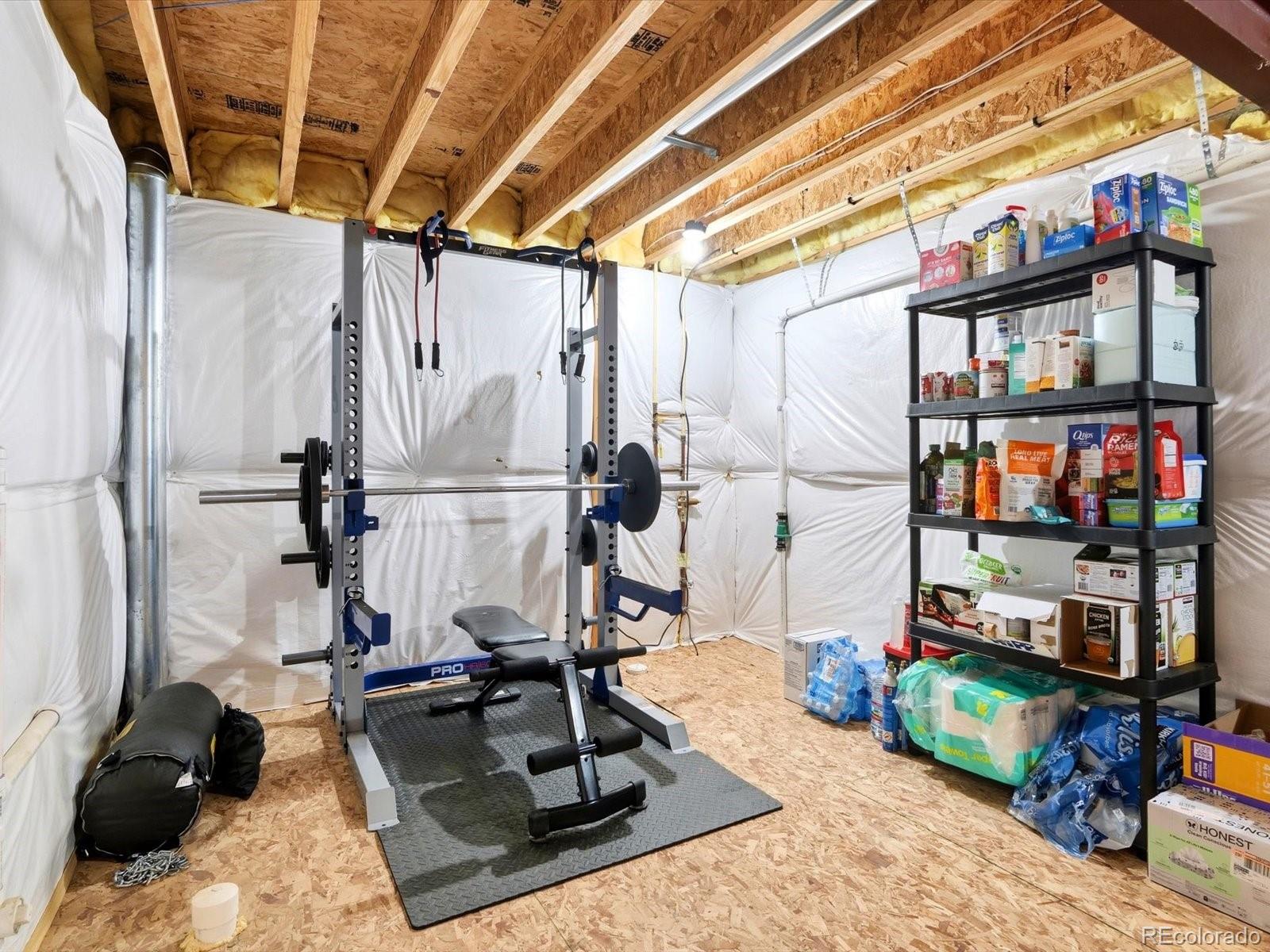 Basement home gym with a weight rack and bench beside shelves of household supplies.