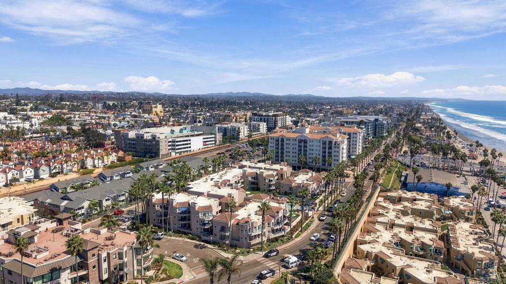 Aerial coastal view of buildings and palm-lined streets beside the Pacific Ocean.