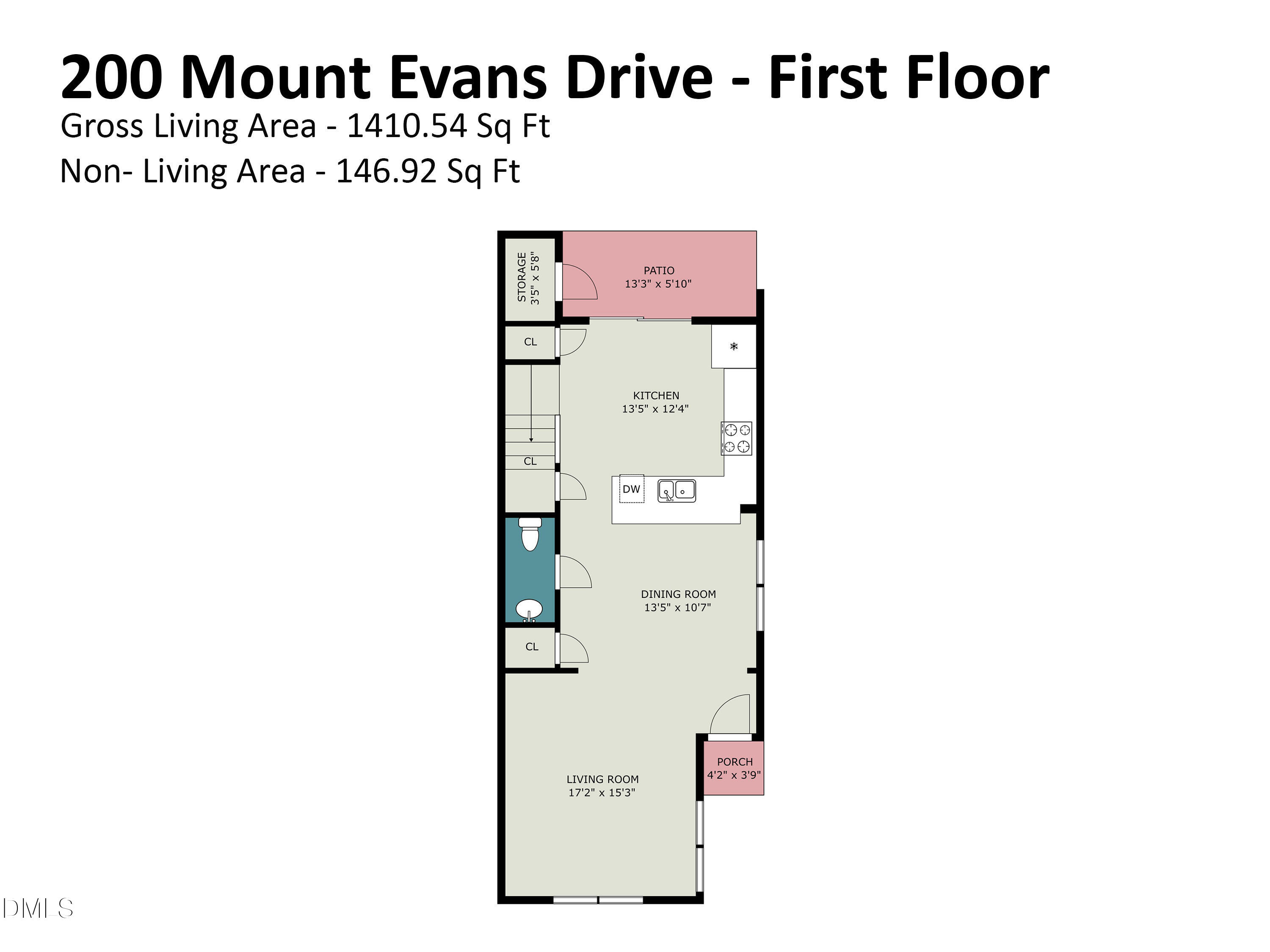 First-floor plan of 200 Mount Evans Drive, with a living room, dining room, kitchen, patio, and porch.