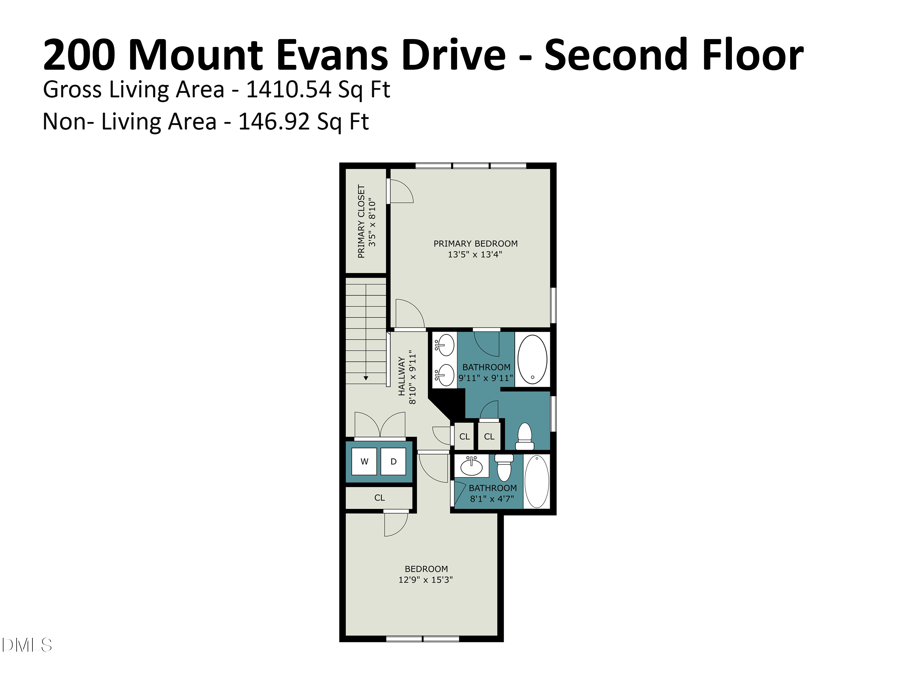 Second-floor floor plan with two bedrooms, two bathrooms, closets, hallway, and laundry area.
