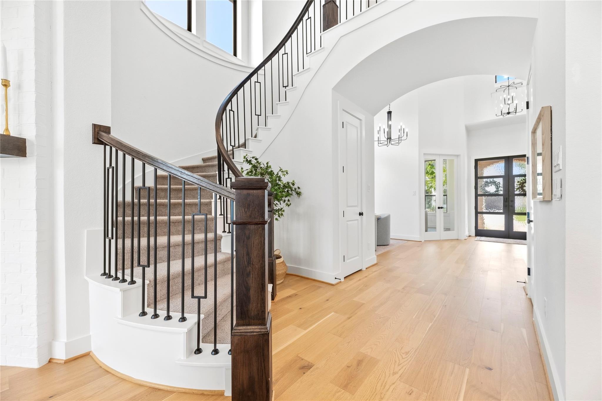 Bright entryway with a curved carpeted staircase, dark railing, and light hardwood floors.