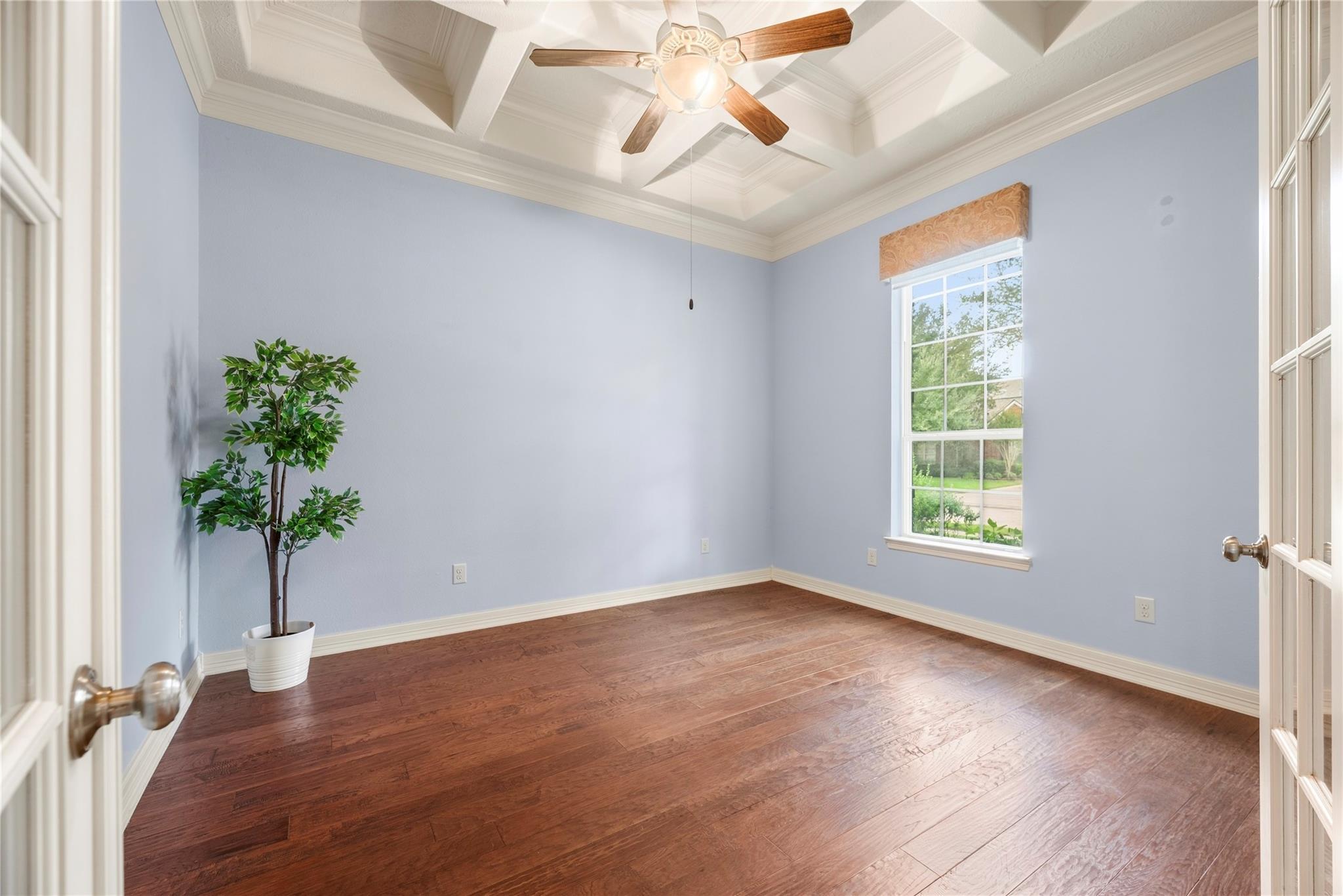 Mostly empty room with hardwood floors, pale blue walls, a tray ceiling, and a tall window.