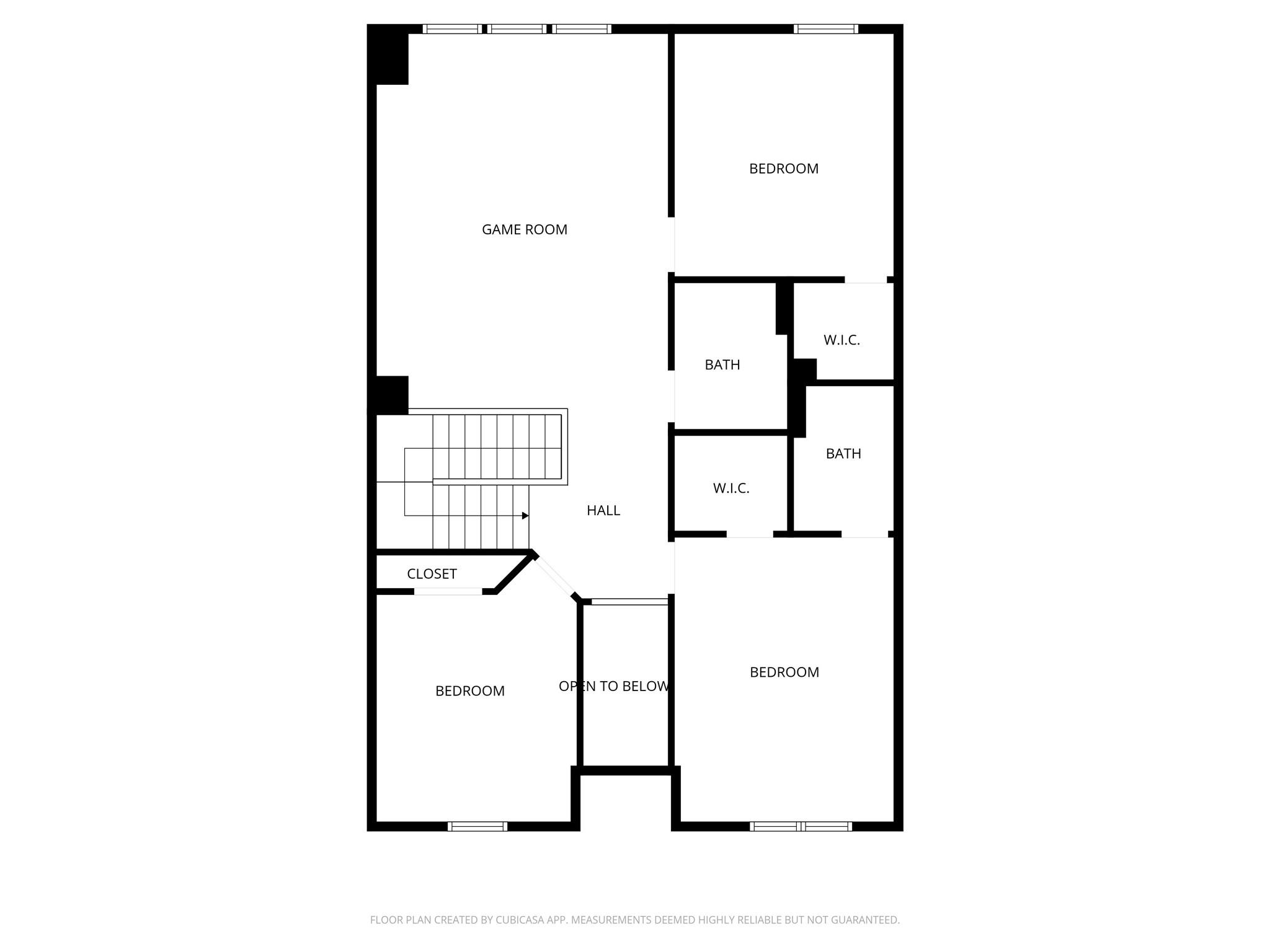Second-floor plan with a game room, three bedrooms, two bathrooms, and an area open to below.