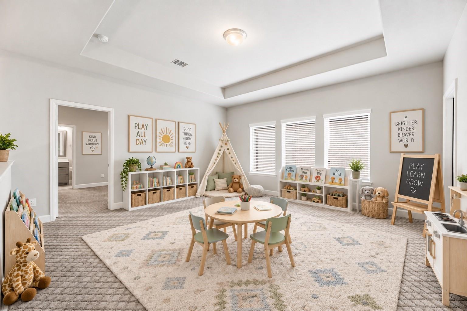 Children’s playroom with a teepee, low toy shelves, and a round table beneath three windows.