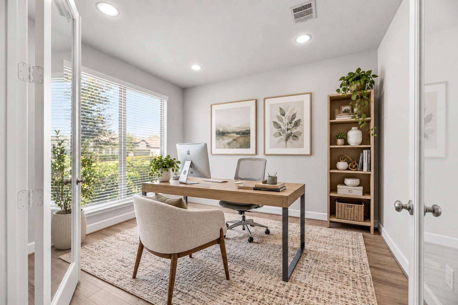 Bright home office with a wooden desk, large window, and tall bookcase.