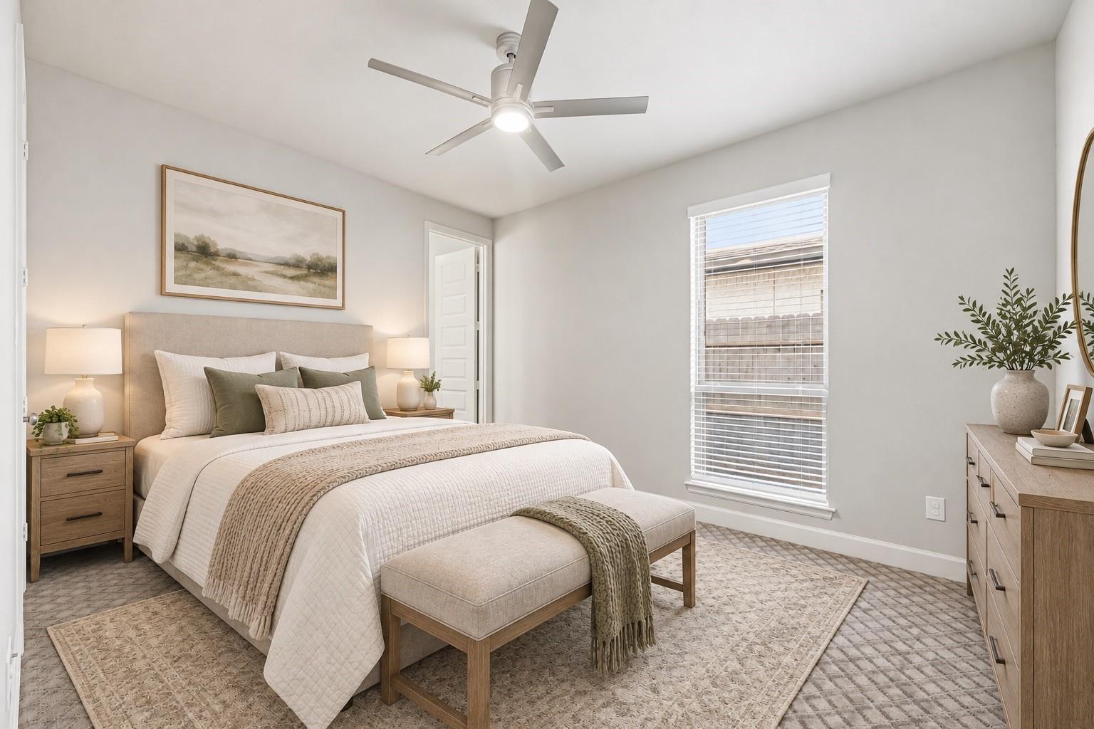 Staged bedroom with a large upholstered bed, ceiling fan, and window overlooking a fenced yard.