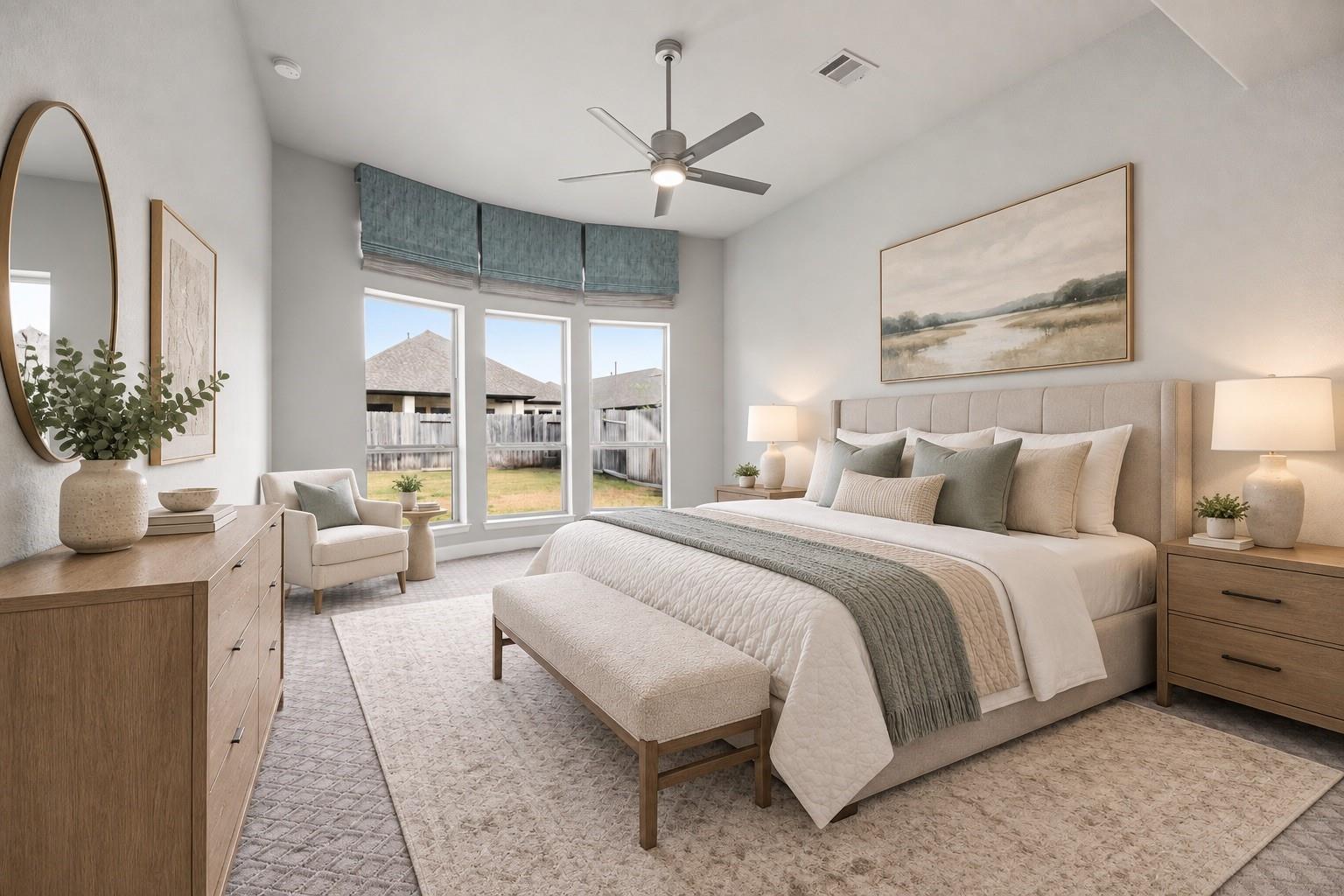 Staged bedroom with a large upholstered bed, teal window shades, and light wood furniture.